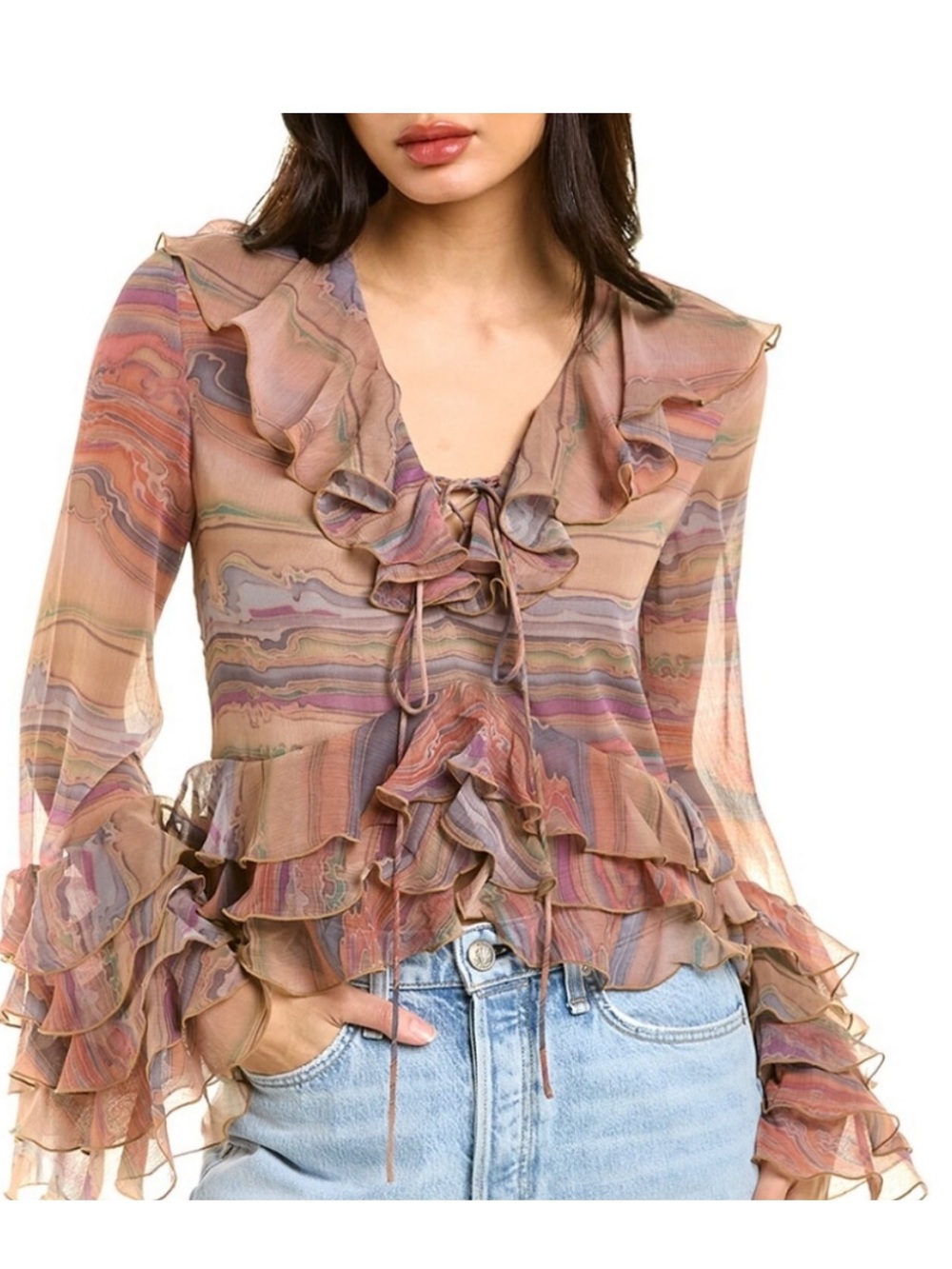 Ronny Kobo Collection Bohemian Mauve Multi-Stripe Ruffle Tie-Front Blouse Small - Picture 11 of 14